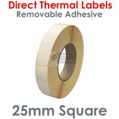 Removable Adhesive 25mm x 25mm labels direct thermal on 76mm core