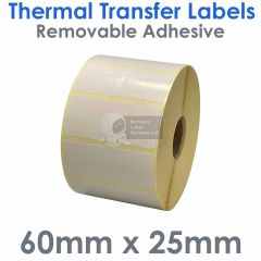 Removable adhesive labels 60mm x 25mm thermal transfer