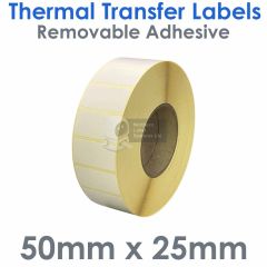 Removable adhesive thermal transfer labels 50mm x 25mm