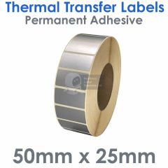 Silver labels 50mm x 25mm on 76mm core
