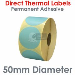 Turquoise labels 50mm diameter round direct thermal on 25mm core