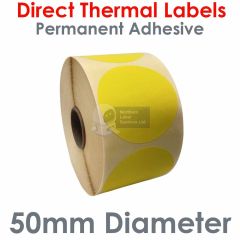 Yellow labels 50mm diameter round direct thermal