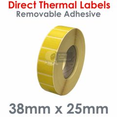 Yellow removable adhesive labels 38mm x 25mm direct thermal