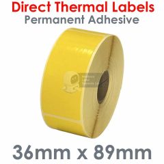 Yellow direct thermal labels 36mm x 89mm on 25mm cores